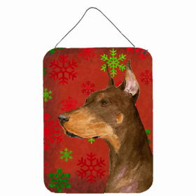Doberman #2 Red and Green Snowflakes Holiday Christmas Design Wall or Door Hanging Prints