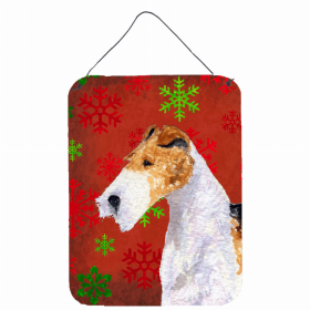 Wire Fox Terrier #2 Red and Green Snowflakes Wall or Door Hanging Prints