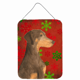 Doberman #3 Red and Green Snowflakes Holiday Christmas Design Wall or Door Hanging Prints