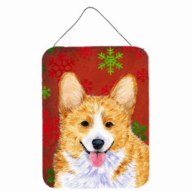 Corgi #3 Red and Green Snowflakes Holiday Christmas Design Wall or Door Hanging Prints