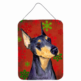 Doberman #4 Red and Green Snowflakes Holiday Christmas Design Wall or Door Hanging Prints