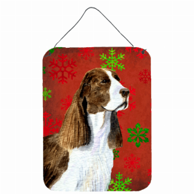 Welsh Springer Spaniel #3 Red and Green Snowflakes Holiday Christmas Design Wall or Door Hanging Prints
