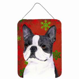 Boston Terrier #2 Red and Green Snowflakes Holiday Christmas Design Wall or Door Hanging Prints