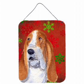 Basset Hound #5 Red and Green Snowflakes Holiday Christmas Design Wall or Door Hanging Prints