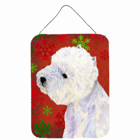 West Highland White Terrier Red and Green Snowflakes Holiday Christmas Design Wall or Door Hanging Prints