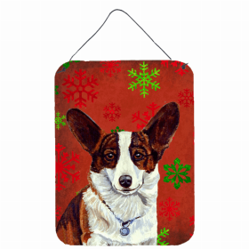Corgi Red and Green Snowflakes Holiday Christmas Design Wall or Door Hanging Prints