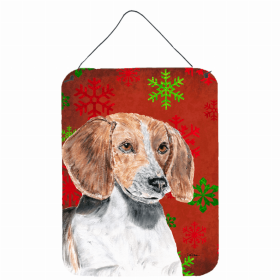 English Foxhound Red and Green Snowflakes Holiday Christmas Design Wall or Door Hanging Prints