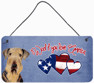 Airedale 2 Woof If You Love America Artwork Wall or Door Hanging Prints