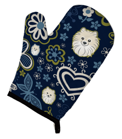 Pomeranian Blue Flowers Oven Mitt