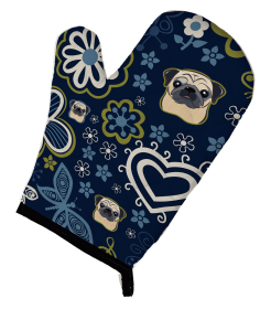 Pug - Fawn - Blue Flowers Oven Mitt