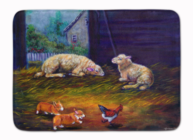 Corgi Chaos in the barn with sheep Bathroom/Kitchen Mat