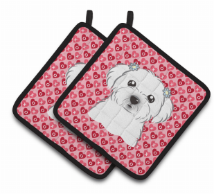Maltese 2 XOXO Hearts Pair of Potholders