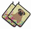 Pug - Dark Brown - Easter Eggs Pair of Potholders
