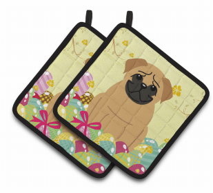 Pug - Brown - Easter Eggs Pair of Potholders