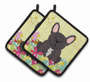 French Bulldog - Brindle - Easter Eggs Pair of Potholders