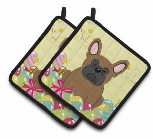 French Bulldog - Brown - Easter Eggs Pair of Potholders