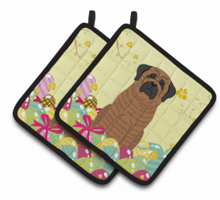 Mastiff - Brindle - Easter Eggs Pair of Potholders