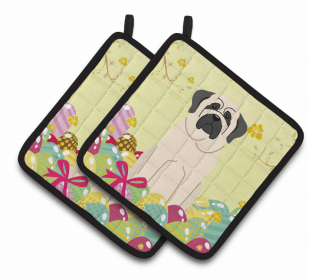 Mastiff - White - Easter Eggs Pair of Potholders