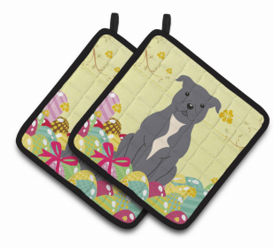 Staffordshire Bull Terrier - Blue - Easter Eggs Pair of Potholders