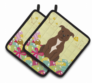 Staffordshire Bull Terrier - Chocolate - Easter Eggs Pair of Potholders