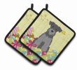 Miniature Schnauzer - Black and Silver - Easter Eggs Pair of Potholders