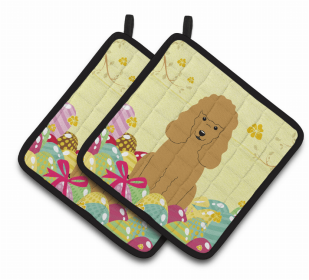 Poodle - Tan - Easter Eggs Pair of Potholders
