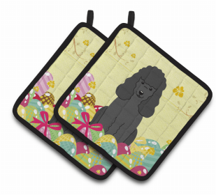 Poodle - Black - Easter Eggs Pair of Potholders
