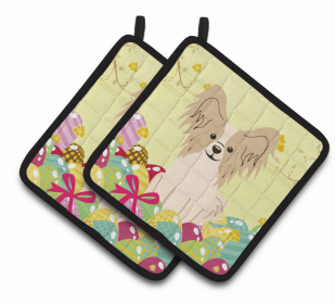 Papillon - Sable and White - Easter Eggs Pair of Potholders