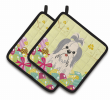 Shih Tzu - Silver and White - Easter Eggs Pair of Potholders