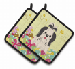 Shih Tzu - Black and White - Easter Eggs Pair of Potholders