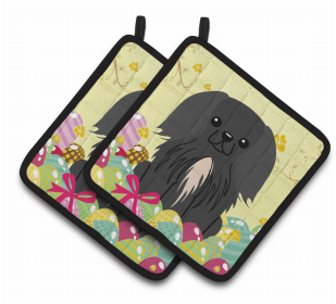 Pekingese - Black - Easter Eggs Pair of Potholders