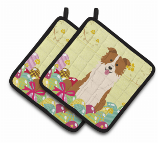 Border Collie - Red and White - Easter Eggs Pair of Potholders