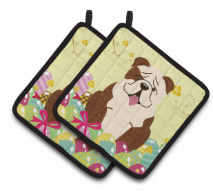 Bulldog - Brindle and White - Easter Eggs Pair of Potholders