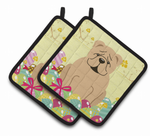 Bulldog - Fawn - Easter Eggs Pair of Potholders