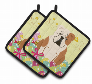 Bulldog - Fawn and White - Easter Eggs Pair of Potholders