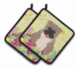 Bulldog - Grey Brindle - Easter Eggs Pair of Potholders