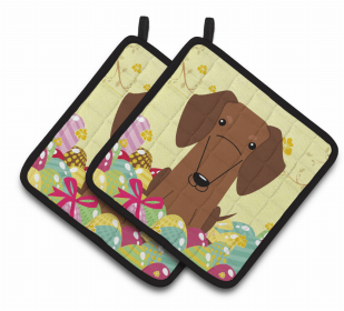 Dachshund - Red - Easter Eggs Pair of Potholders