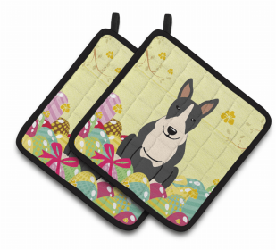 Bull Terrier - Black and White - Easter Eggs Pair of Potholders