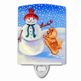 Pomeranian with Winter Snowman Ceramic Nightlight