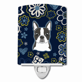 Boston Terrier Blue Flowers Ceramic Nightlight