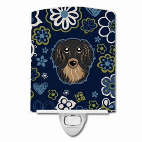 Dachshund - Longhair - Black and Tan - Blue Flowers Ceramic Nightlight
