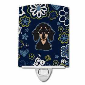 Dachshund - Smooth - Black and Tan - Blue Flowers Ceramic Nightlight