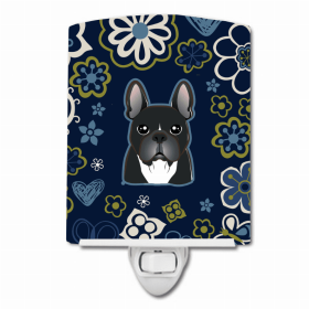 French Bulldog -Black - Blue Flowers Ceramic Nightlight