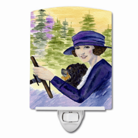 Pomeranian with Lady driving Ceramic Nightlight