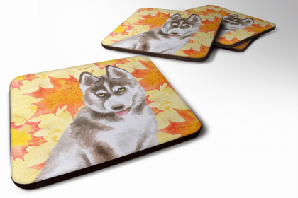 Siberian Husky - Grey - Fall Leaves Art Foam Coaster