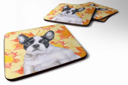 French Bulldog - Black and White - Fall Leaves Art Foam Coaster