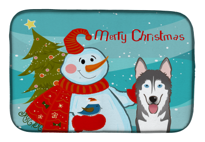 Alaskan Malamute with Merry Christmas Snowman Dish Drying Mat