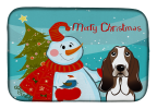 Basset Hound with Merry Christmas Snowman Dish Drying Mat