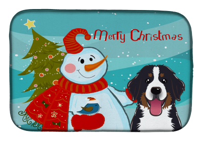 Bernese Mountain Dog with Merry Christmas Snowman Dish Drying Mat