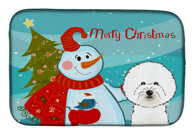 Bichon Frise with Merry Christmas Snowman Dish Drying Mat